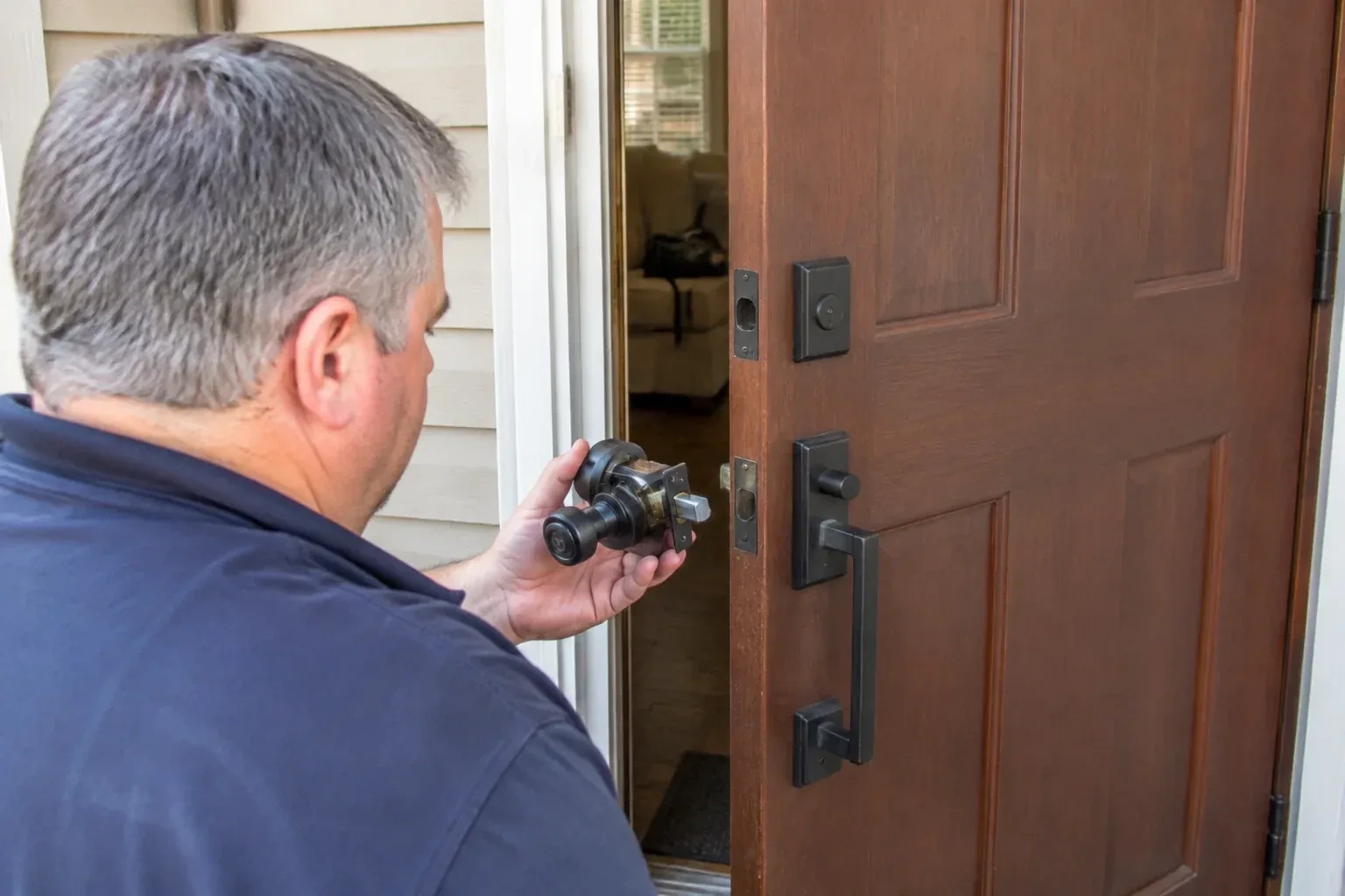 Person holding a removed black lock assembly beside a partly open brown front door with a long black pull handle. — Home Lockout Service, New Tecumseth