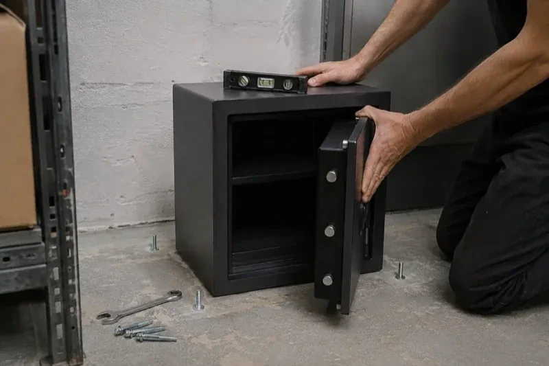 Person kneeling beside an open black safe with a spirit level on top and loose bolts and a wrench on the concrete floor. — Safe Installation & Servicing, New Tecumseth