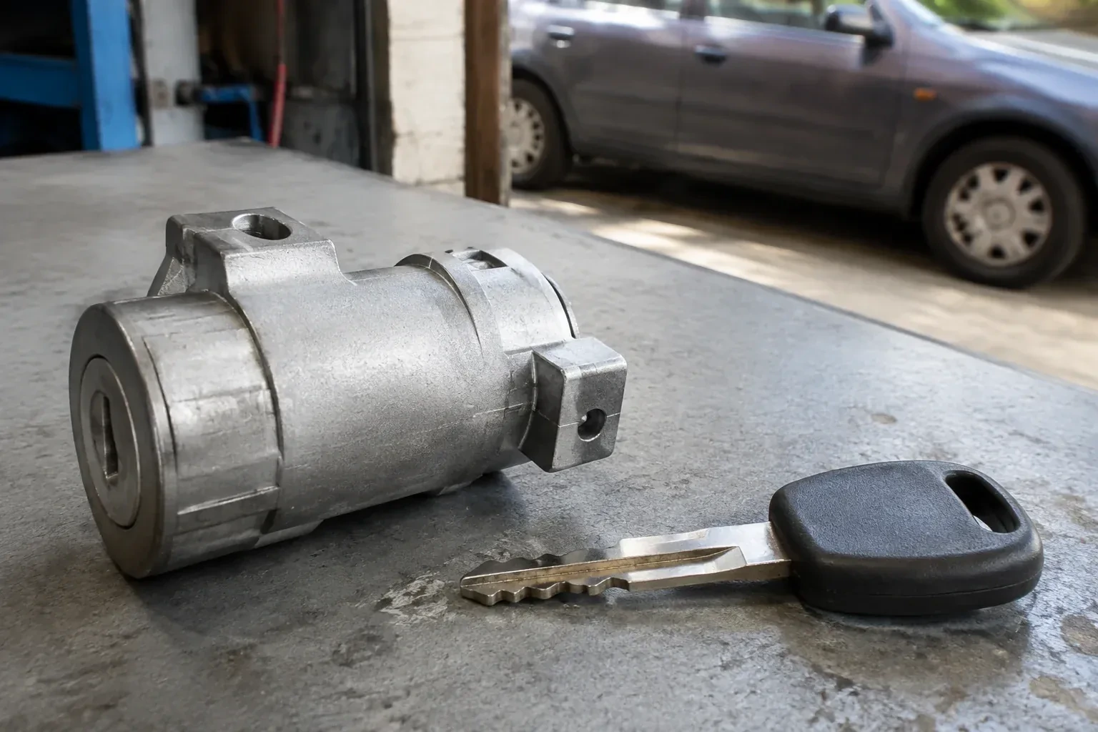 Detached cylindrical lock housing and black-headed key on an automotive workbench. — Ignition Lock Repair, New Tecumseth