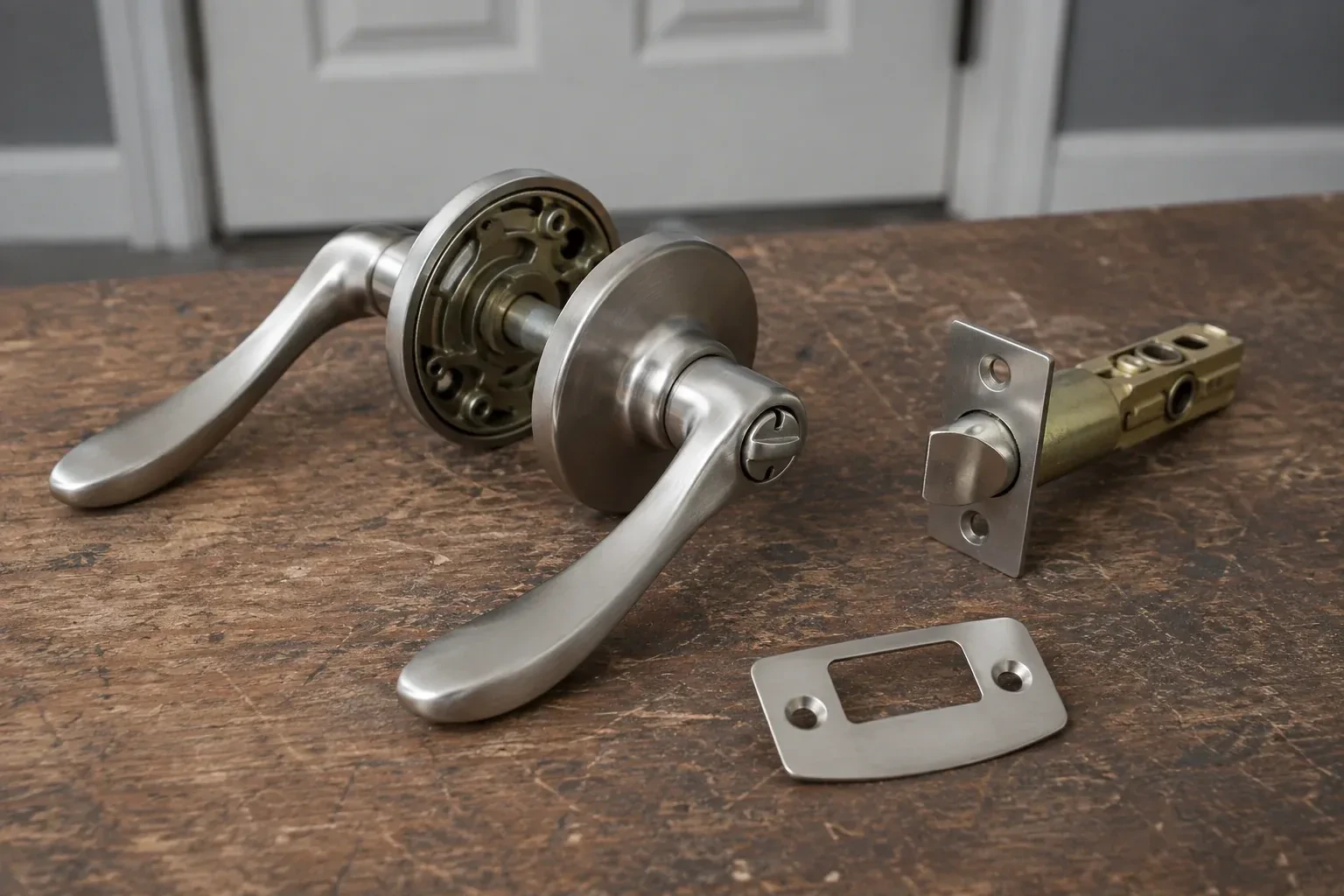 Detached satin-nickel lever hardware, tubular latch and strike plate on a wooden workbench. — Lock Replacement & Upgrade, New Tecumseth