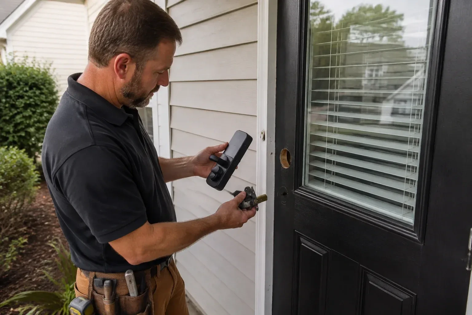 Person holding a black door-handle assembly and a latch beside a glazed door with exposed lock openings. — Smart Lock Installation, New Tecumseth