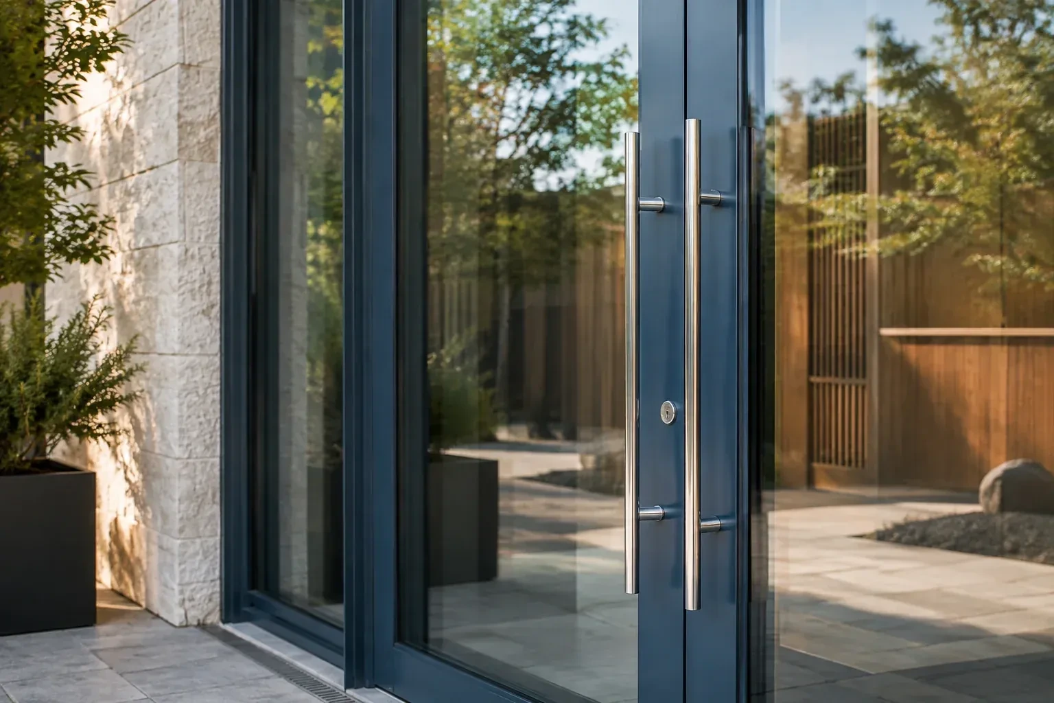 Dark-framed glass entrance doors with long silver-colored vertical pull handles and a round keyhole. — Business Lockout Service, New Tecumseth