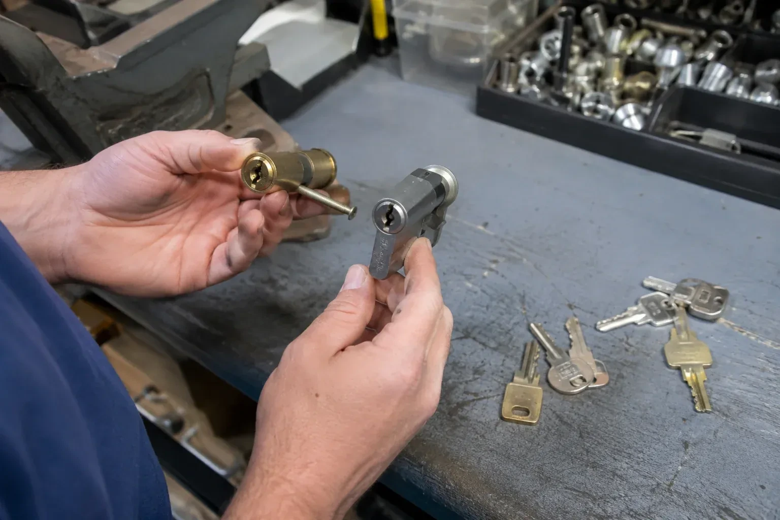 Hands comparing detached lock cylinders beside loose keys on a workbench. — Broken Key Extraction, New Tecumseth