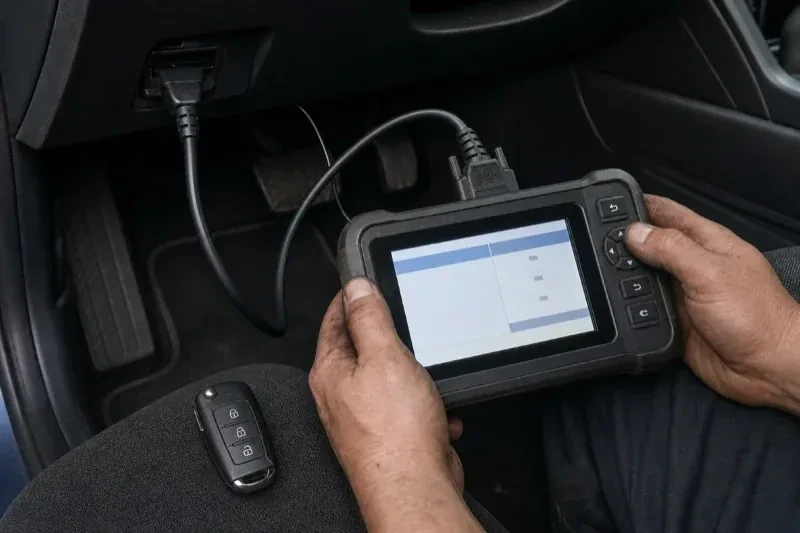 Hands holding a diagnostic tablet connected beneath a car dashboard, with a key fob resting on the person’s leg. — Key Fob Programming, New Tecumseth