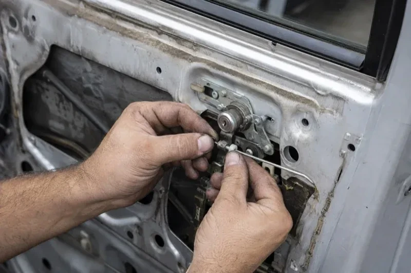 Hands holding a small linkage beside an exposed car-door lock mechanism with the interior trim removed. — Vehicle Lock Repair, New Tecumseth