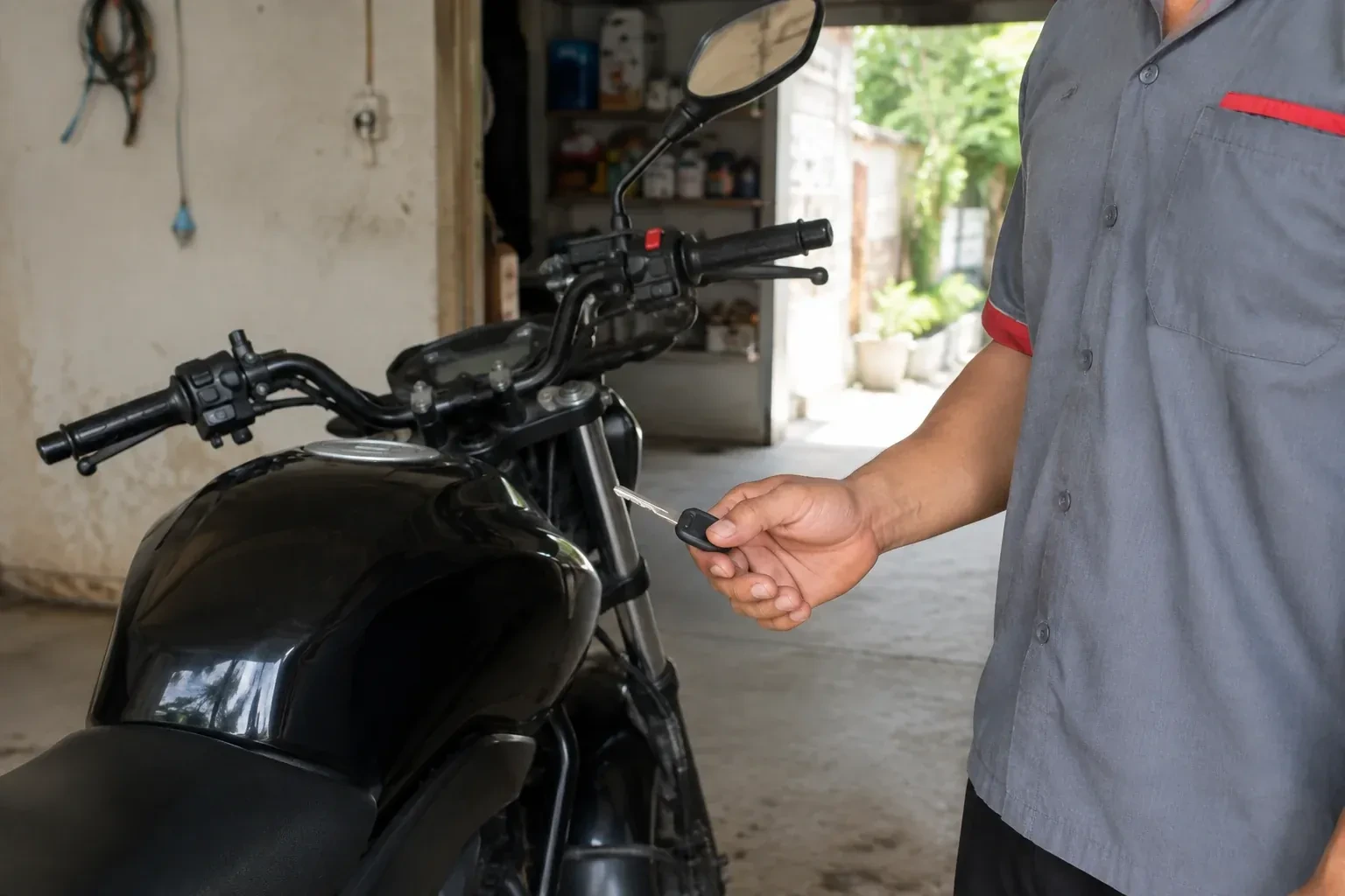 Technician holding a black-headed key beside a parked motorcycle. — Motorcycle & Scooter Keys, New Tecumseth