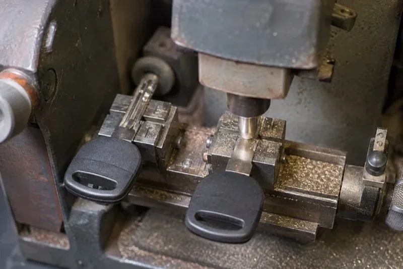 Two black-headed keys clamped in a bench machine, one beneath a vertical cutter, with metal shavings around the clamps. — Spare Car Key Duplication, New Tecumseth