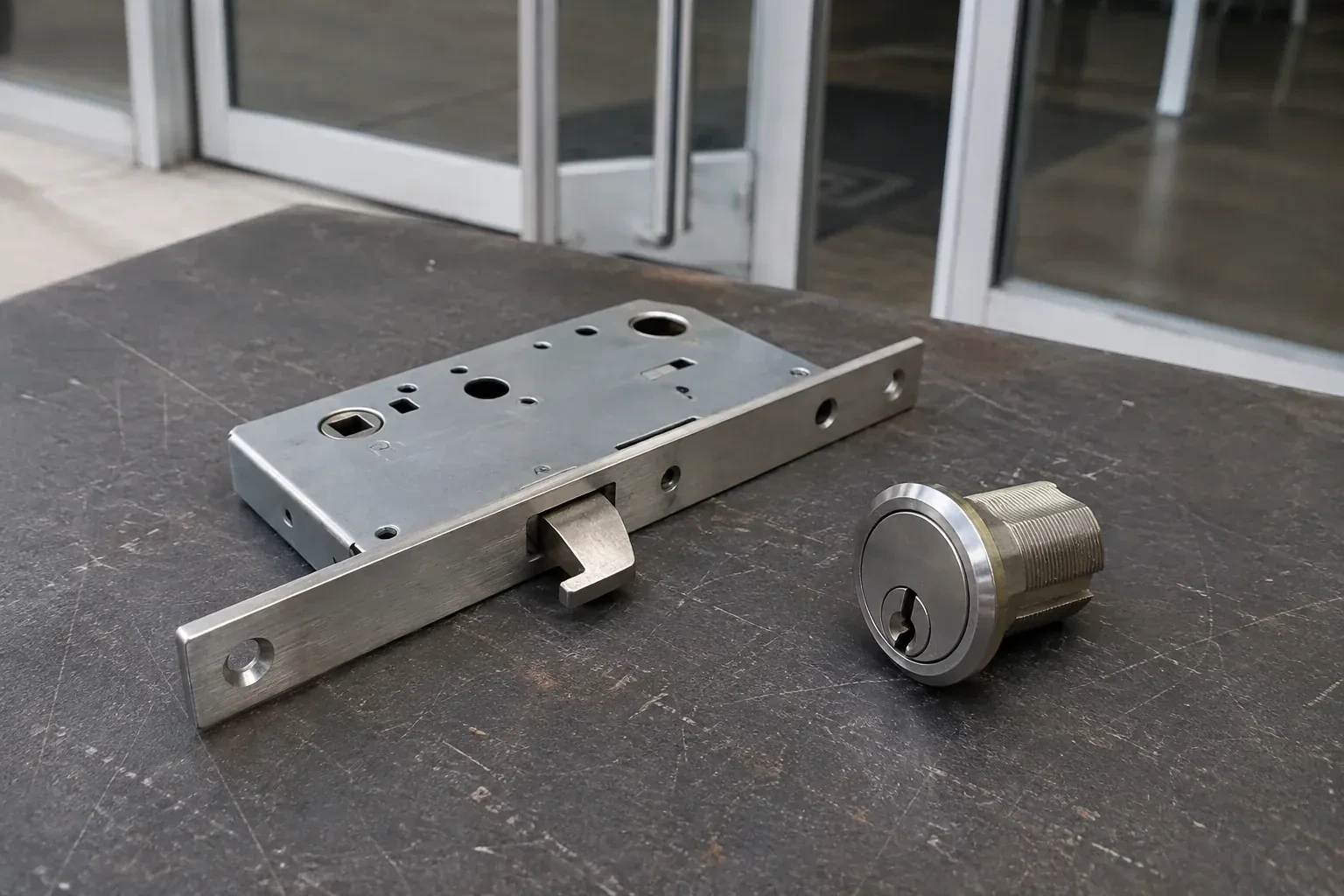 Detached mortise lock body with a projecting hook-shaped bolt beside a threaded cylinder. — Commercial-Grade Lock Replacement, New Tecumseth