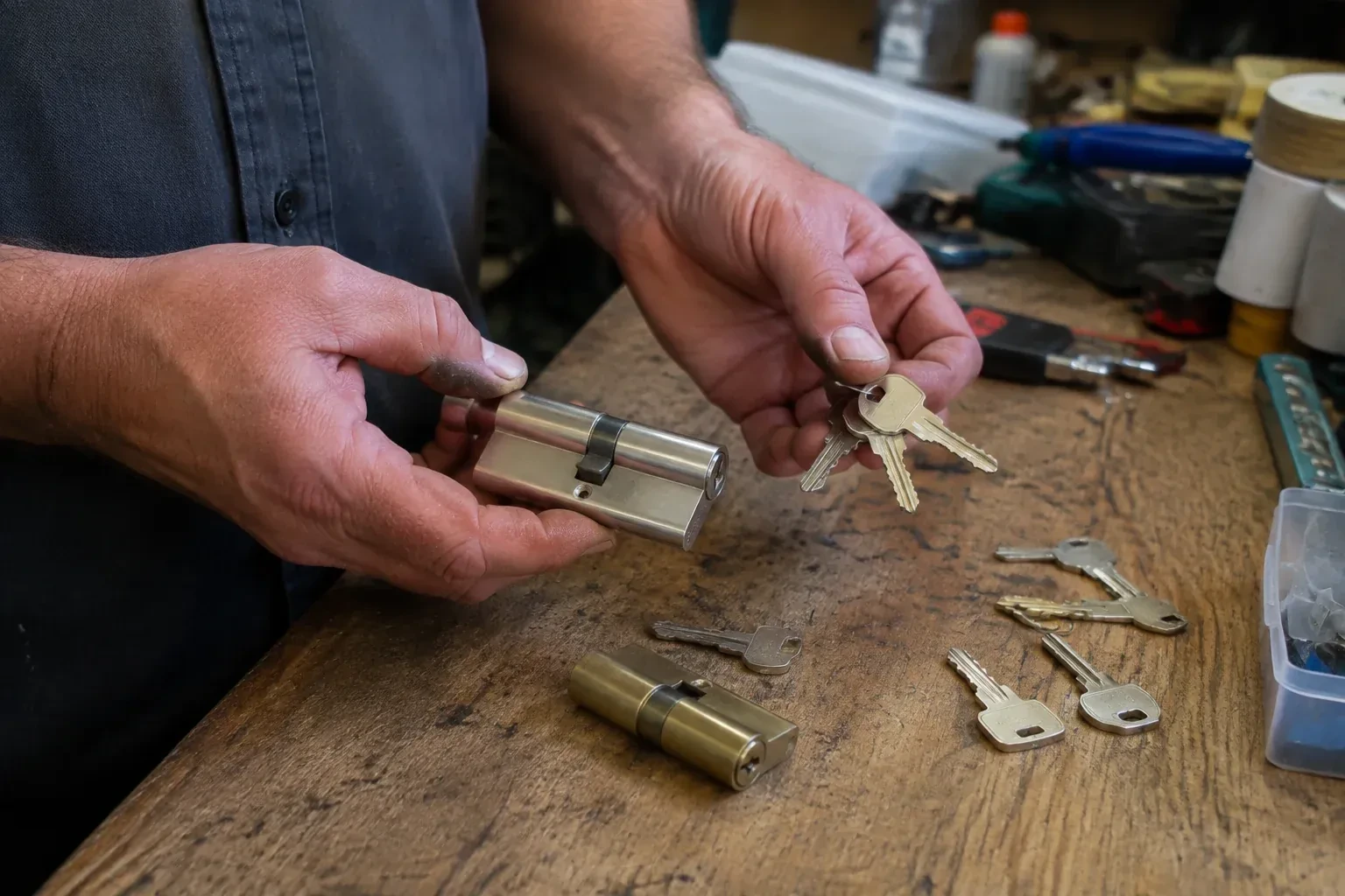 Hands holding a lock cylinder and a ring of keys above a worn workbench with another cylinder and loose keys. — Lock Rekeying, New Tecumseth