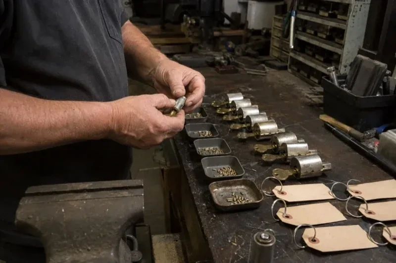 Person handling a lock cylinder at a workbench lined with cylinders, keys, small pin trays and blank key tags. — Commercial Rekeying, New Tecumseth