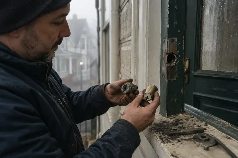 Person holding two lock cylinders beside an open painted door, with loose hardware and debris on the sill. — Seized & Jammed Lock Opening, New Tecumseth