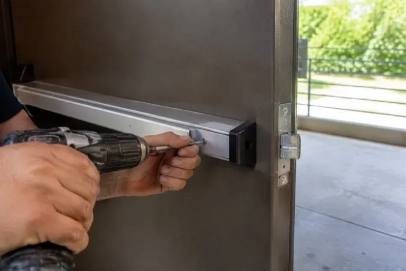 Hands using a power driver at the end of a horizontal push bar on an open metal door. — Panic & Exit Hardware, New Tecumseth