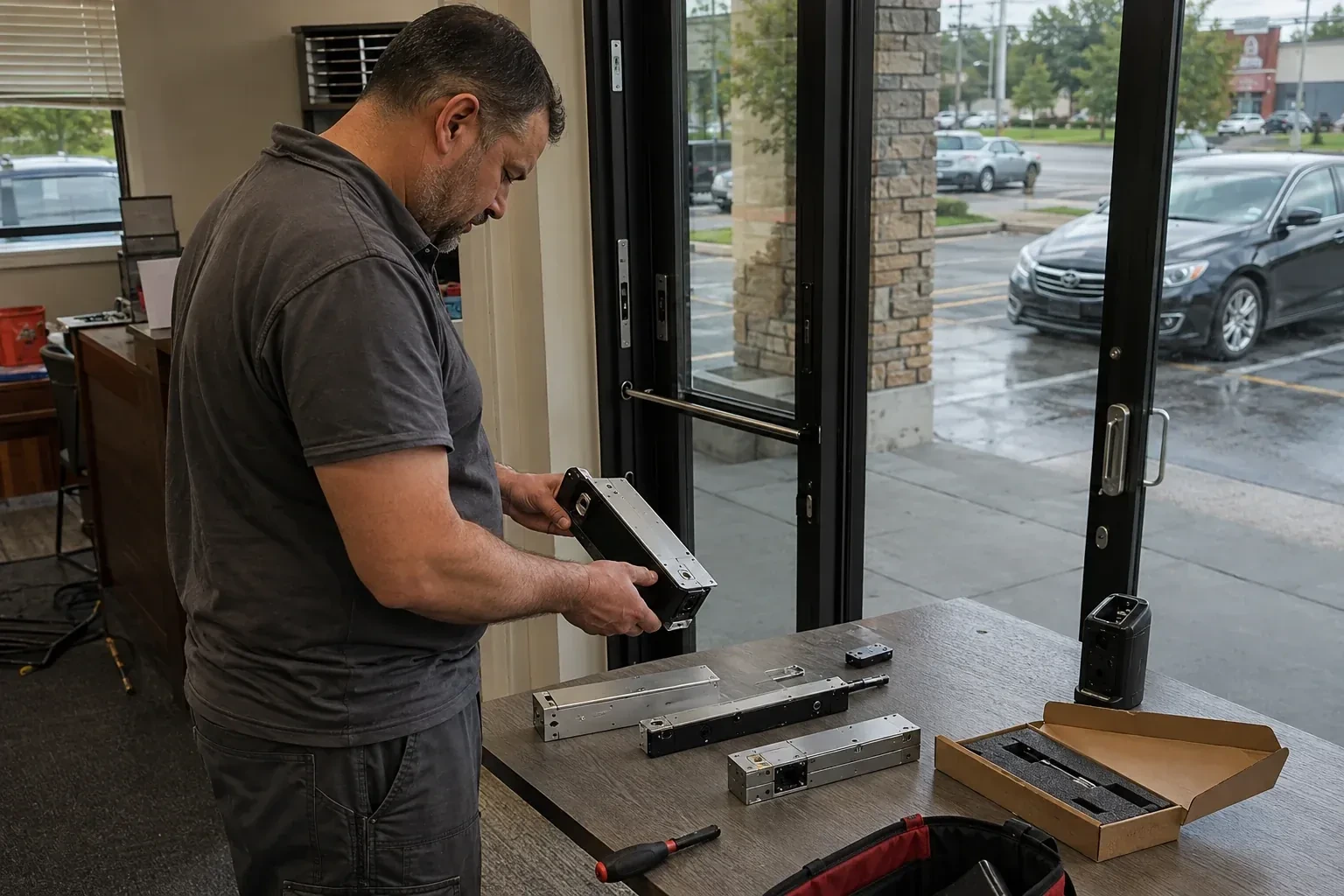 Person holding a rectangular door-hardware housing at a table with additional metal assemblies beside a glass entrance. — Access Control Installation, New Tecumseth