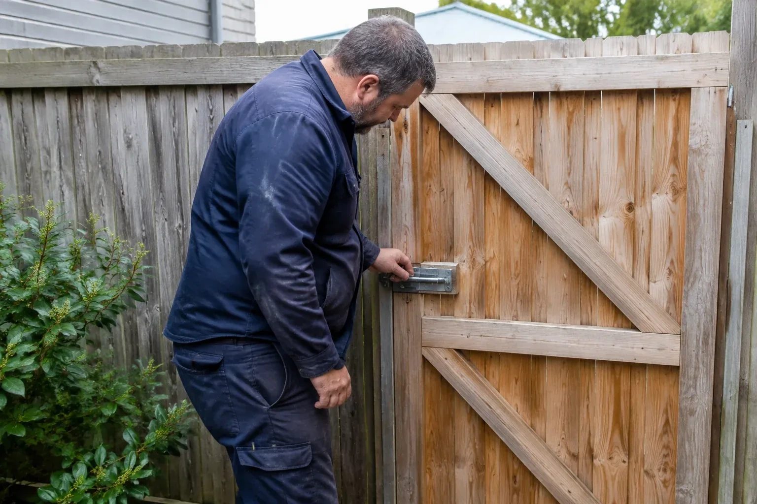 Person touching the sliding metal bolt on a wooden garden gate. — Gate & Building Entry Locks, New Tecumseth