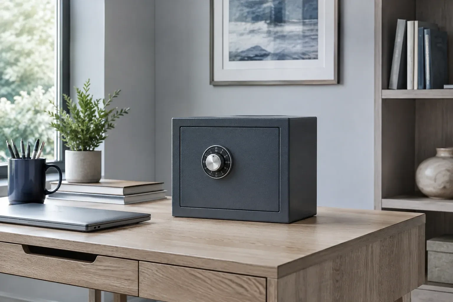 Small dark safe with a combination dial on a wooden desk beside a closed laptop and books. — Safe Opening & Combination Change, New Tecumseth