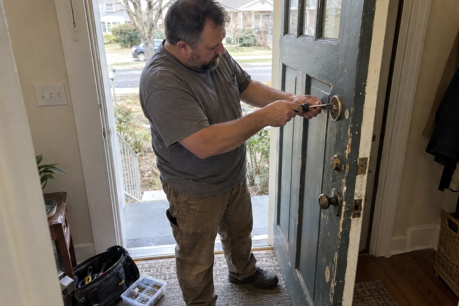 Technician using a screwdriver on the deadbolt of an open blue-gray front door, with a tool bag and screw tray nearby. — Deadbolt Installation, New Tecumseth