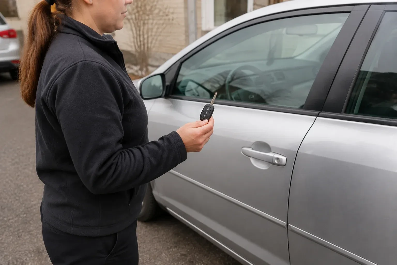 Technician holding a remote key with an extended blade beside a silver car. — Car Key Replacement, New Tecumseth