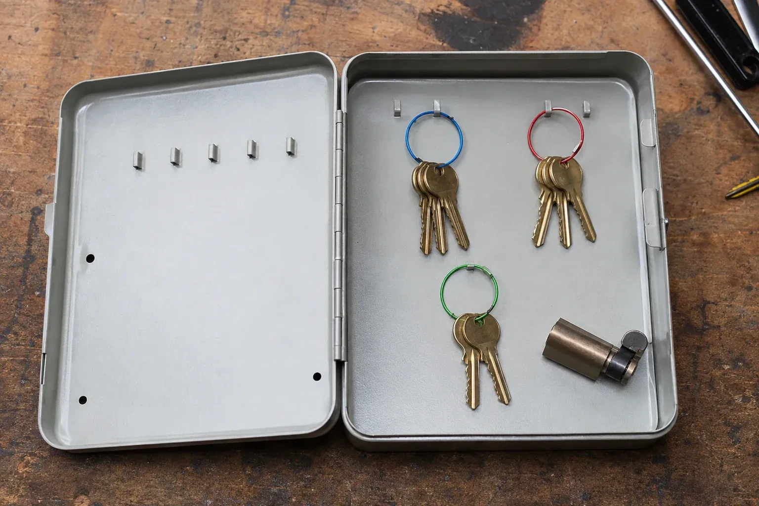 Three groups of keys on colored rings in an open metal key cabinet. — Master Key System Design, New Tecumseth