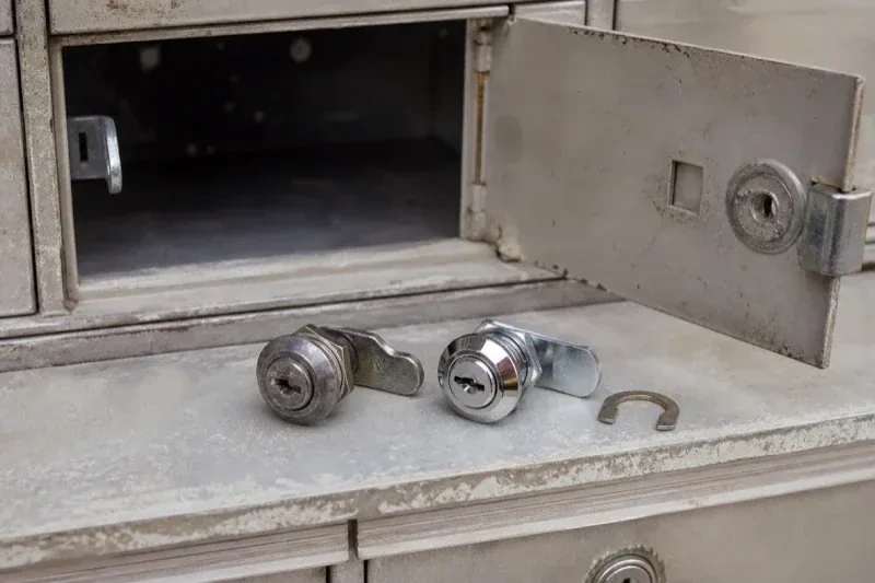 Two loose cam locks and a retaining clip resting below an open metal mailbox compartment. — Mailbox Lock Replacement, New Tecumseth
